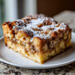 A square slice of rich overnight french toast, layered with cinnamon filling and topped with powdered sugar.