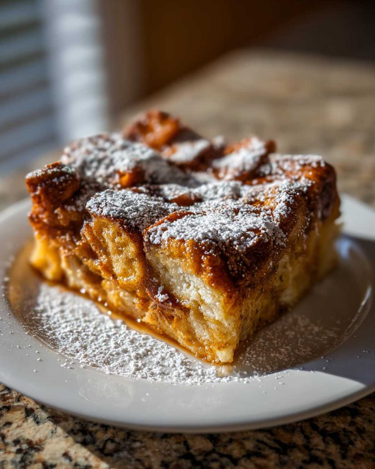 A square slice of rich overnight french toast, dusted heavily with powdered sugar, served on a white plate.