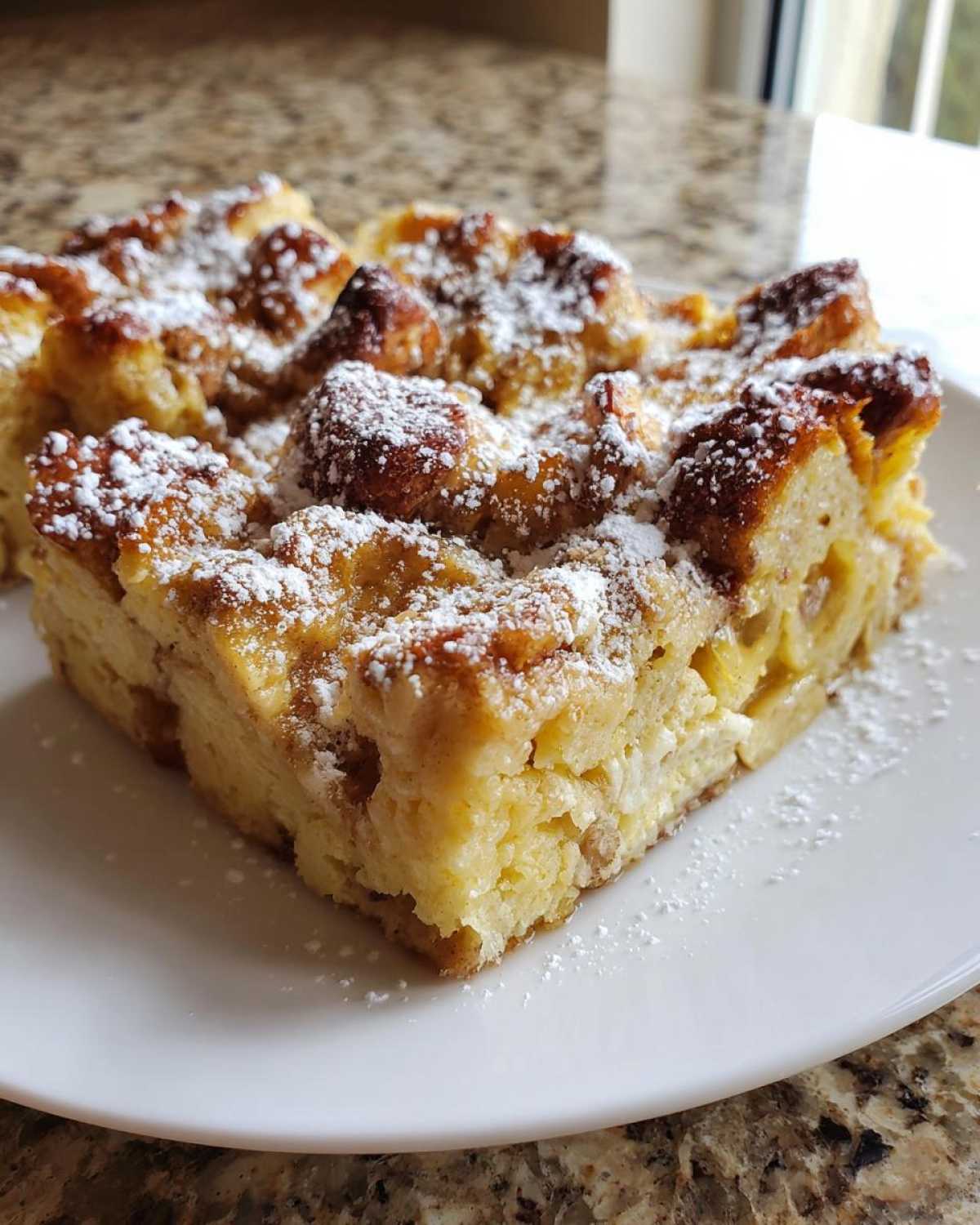 A square slice of baked overnight french toast casserole dusted generously with powdered sugar.