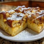 Two squares of baked overnight french toast, topped with powdered sugar, served on a white plate.