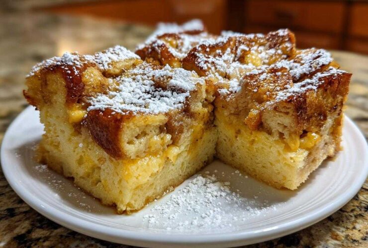 Two squares of baked overnight french toast, topped with powdered sugar, served on a white plate.