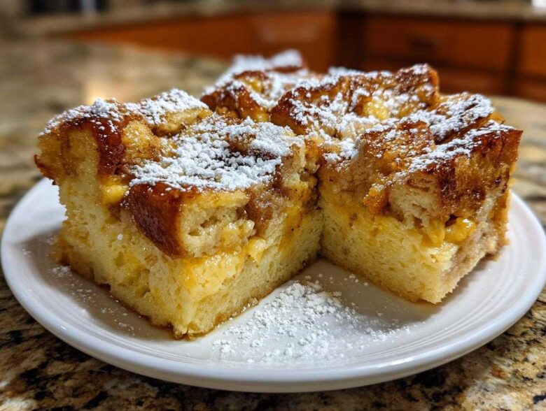 Two squares of baked overnight french toast, topped with powdered sugar, served on a white plate.