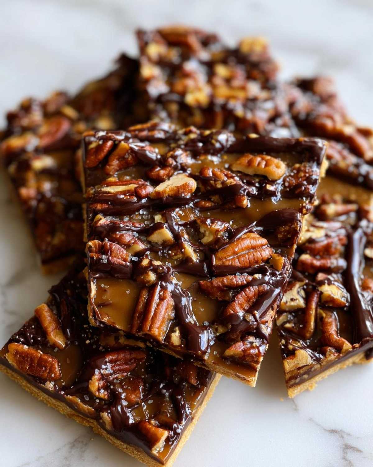 Close-up of stacked squares of Pecan Pie Bark topped with pecans, caramel, dark chocolate drizzle, and sea salt.