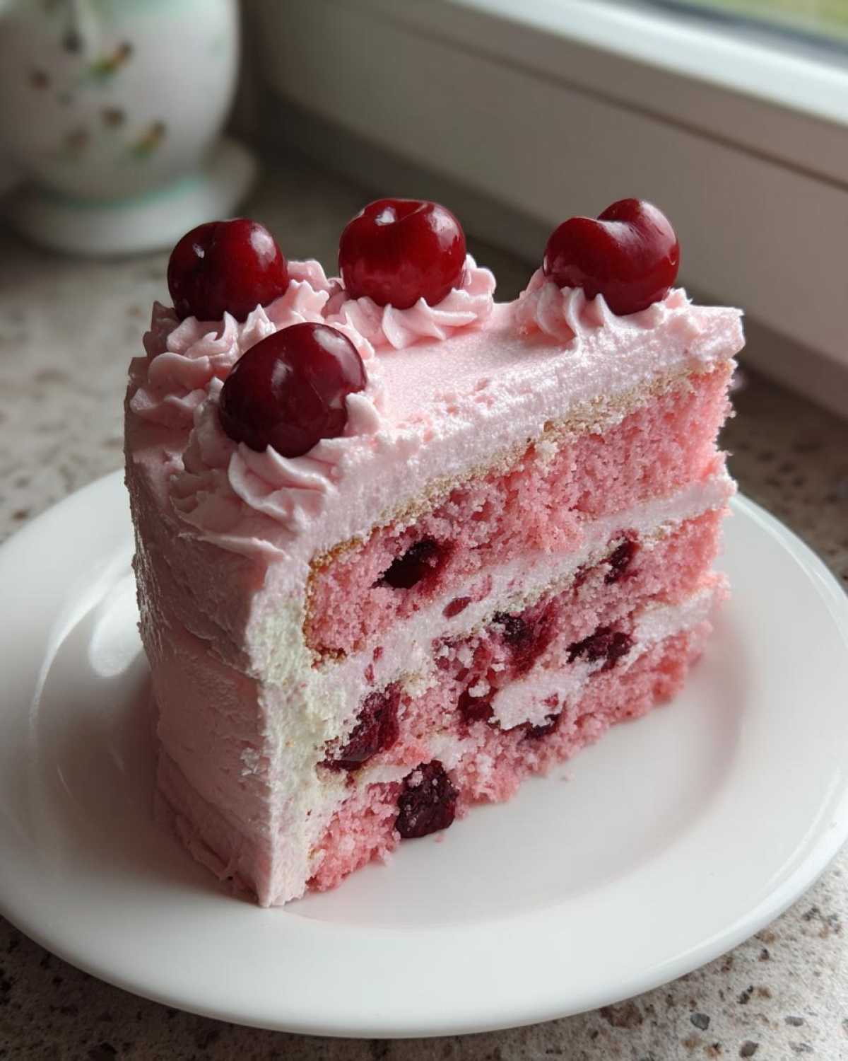 A slice of pink layered cherry cake with visible cherries between the layers, topped with pink frosting and whole cherries.