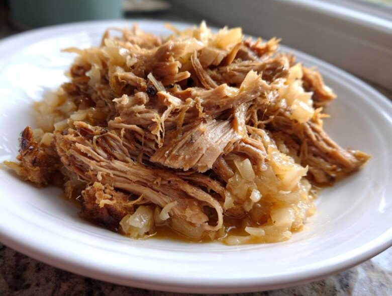Close-up of tender, shredded pork and sauerkraut served on a white plate, highlighting the moist texture.