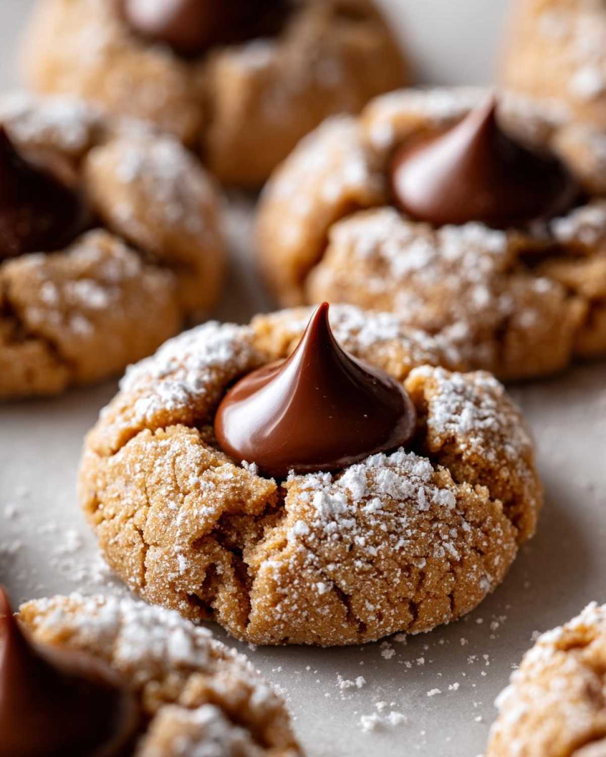 Close-up of a freshly baked peanut butter kiss cookie dusted with powdered sugar, topped with a melted chocolate kiss.