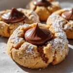 Close-up of freshly baked kiss cookies dusted with powdered sugar and topped with a chocolate candy.