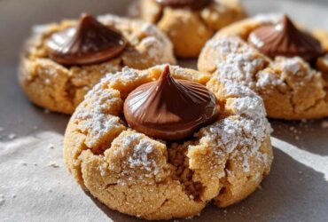 Close-up of freshly baked kiss cookies dusted with powdered sugar and topped with a chocolate candy.