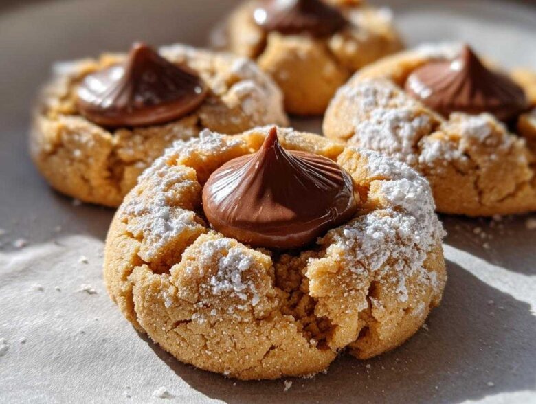 Close-up of freshly baked kiss cookies dusted with powdered sugar and topped with a chocolate candy.