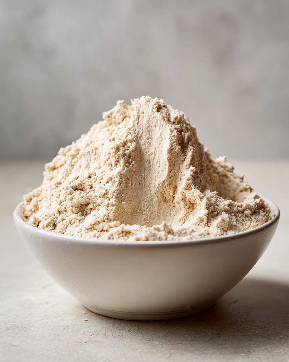 A white bowl filled with a mound of light tan powder, likely protein powder used for protein ice cream.