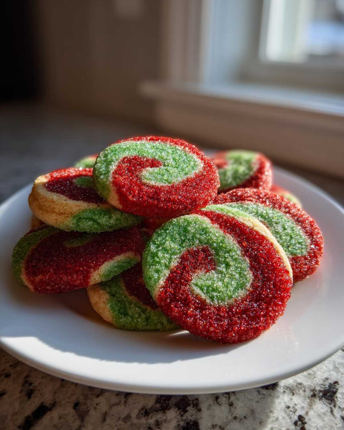 A stack of festive red and green sugar-coated pinwheel cookies resting on a white plate.
