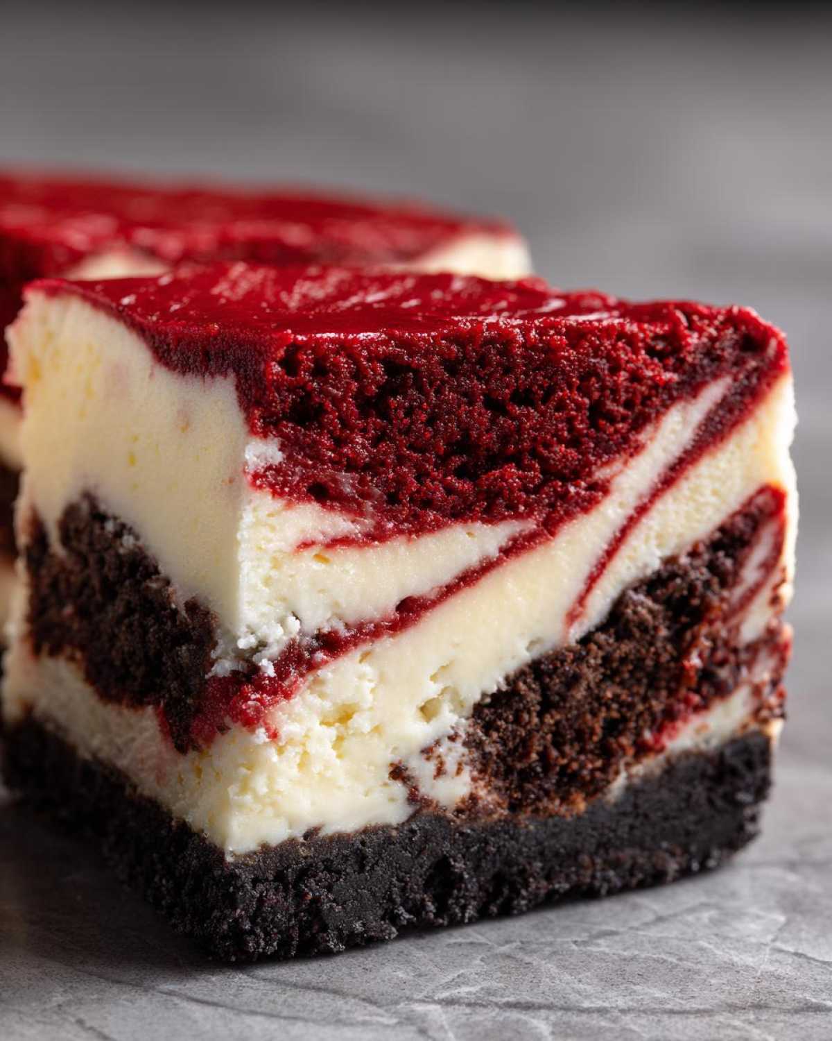 Close-up of a layered red velvet cheesecake bar showing a dark crust, marbled red velvet cake, and creamy white cheesecake layers.