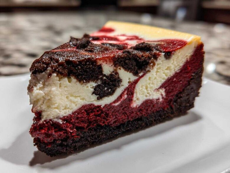 Close-up of a decadent slice of red velvet cheesecake showing distinct red, white, and dark chocolate layers.