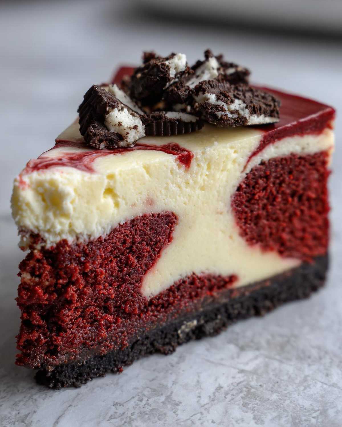 A close-up slice of red velvet cheesecake featuring a marbled red and white interior and topped with crushed chocolate sandwich cookies.