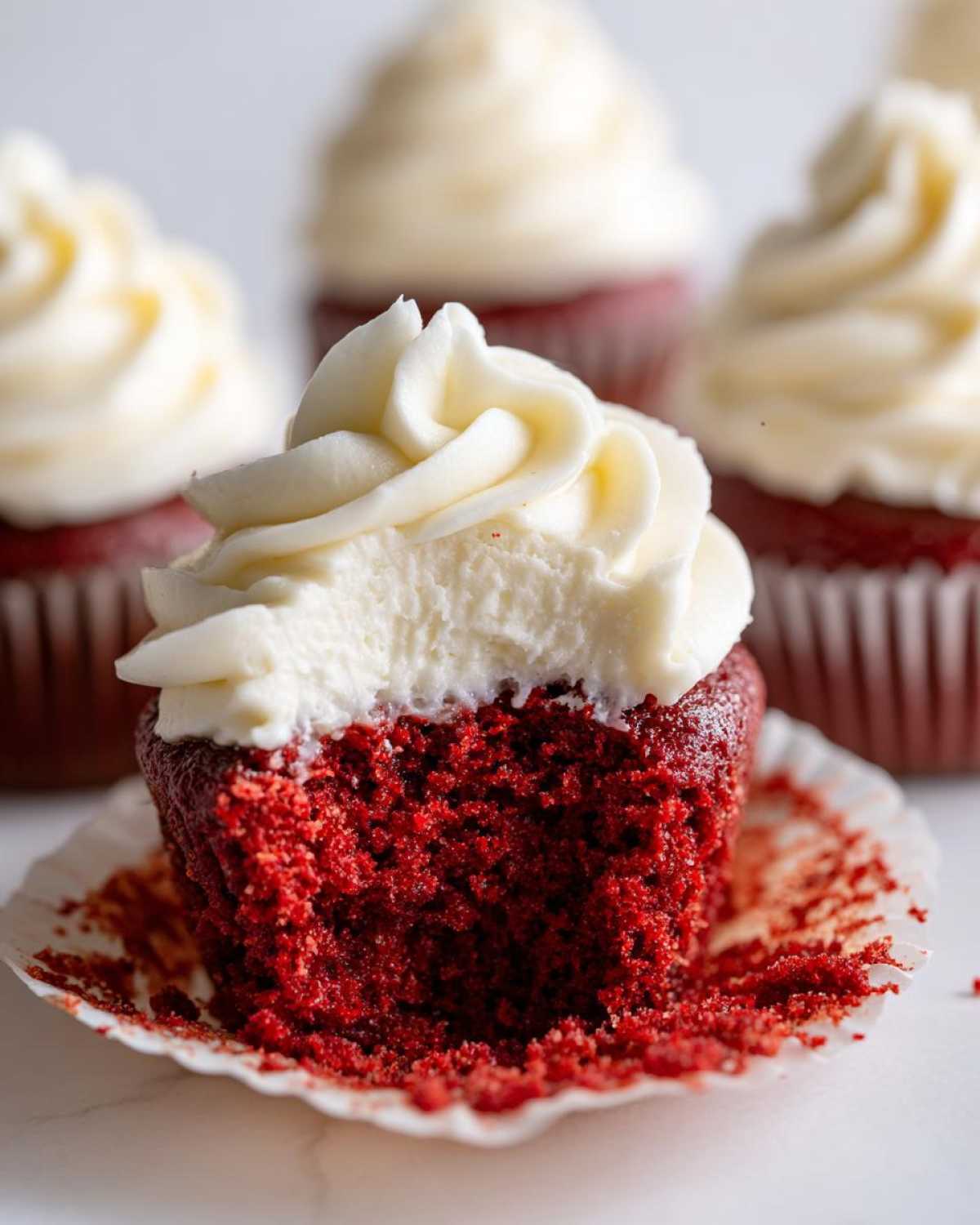 A close-up shot of a red velvet cupcakes with a bite taken out, showing the moist red crumb and thick cream cheese frosting.