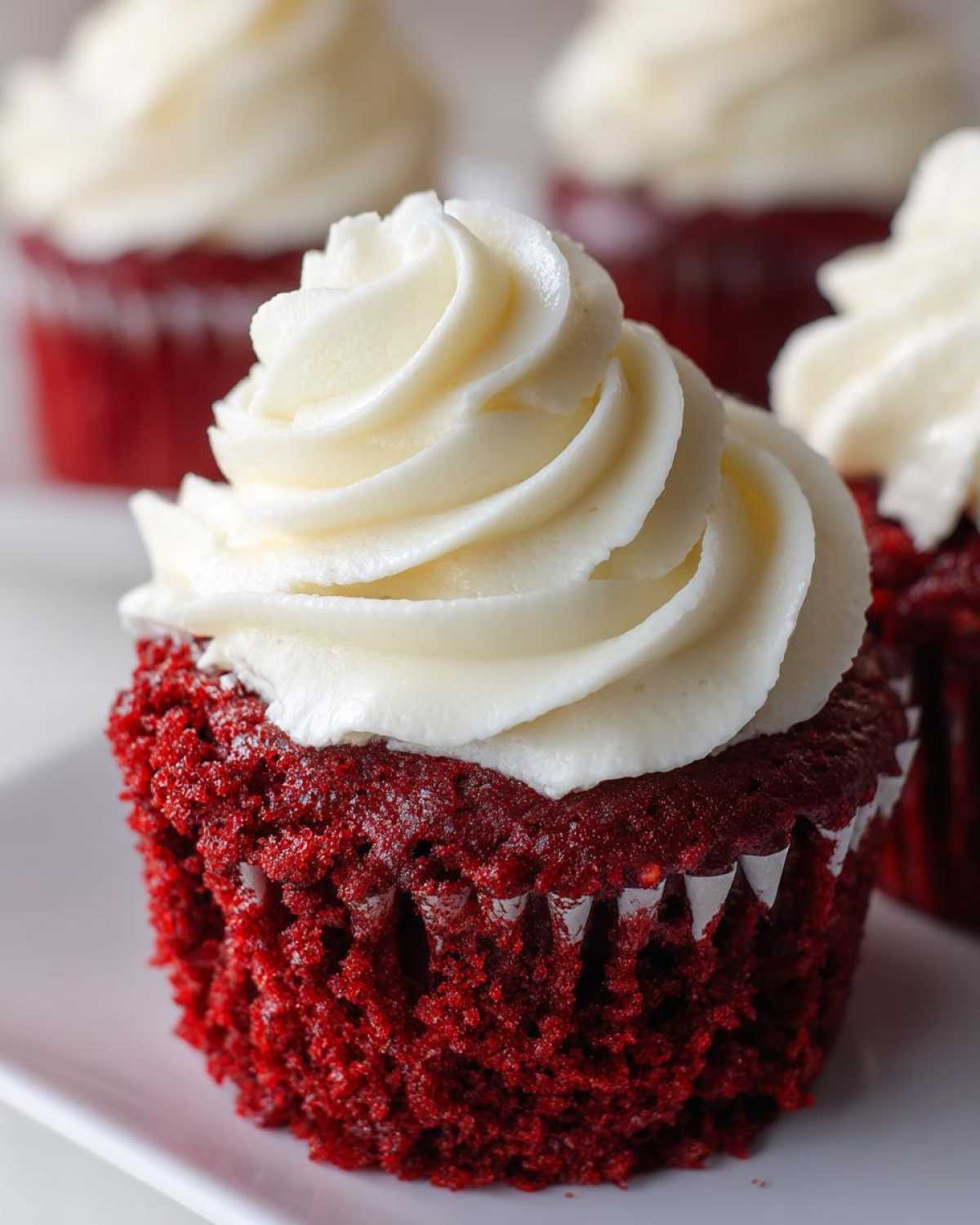 A close-up shot of a vibrant red velvet cupcakes topped with a generous swirl of white cream cheese frosting.