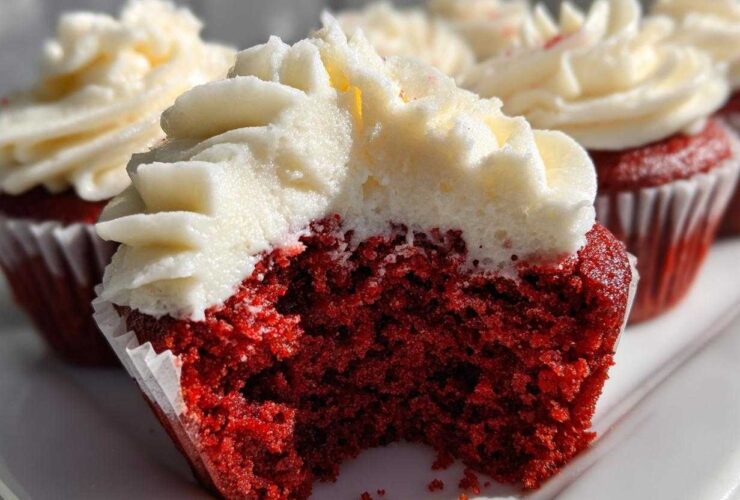 A close-up of a red velvet cupcakes cut in half, showing the moist red cake and thick swirl of white cream cheese frosting.