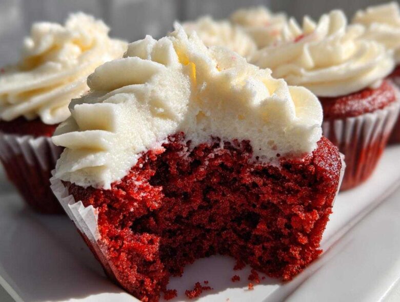 A close-up of a red velvet cupcakes cut in half, showing the moist red cake and thick swirl of white cream cheese frosting.
