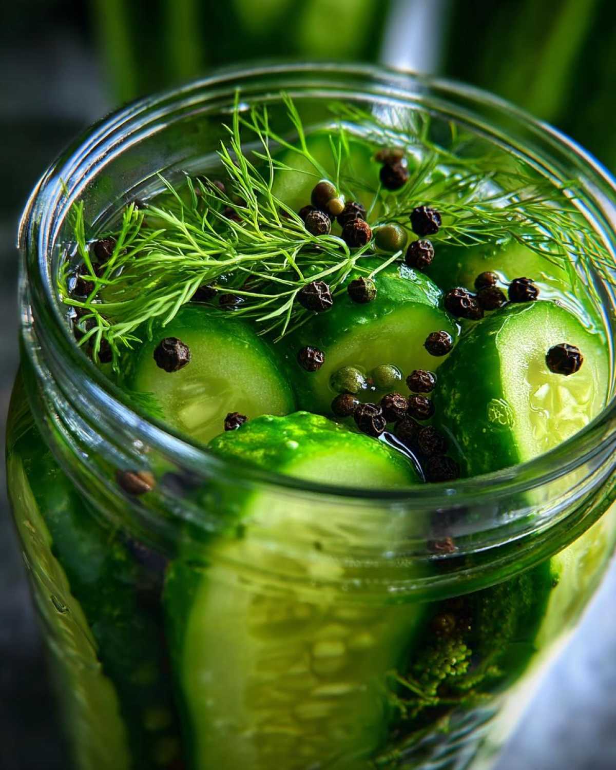 Close-up view inside a glass jar showing fresh cucumber spears being made into refrigerator pickles with dill and peppercorns.