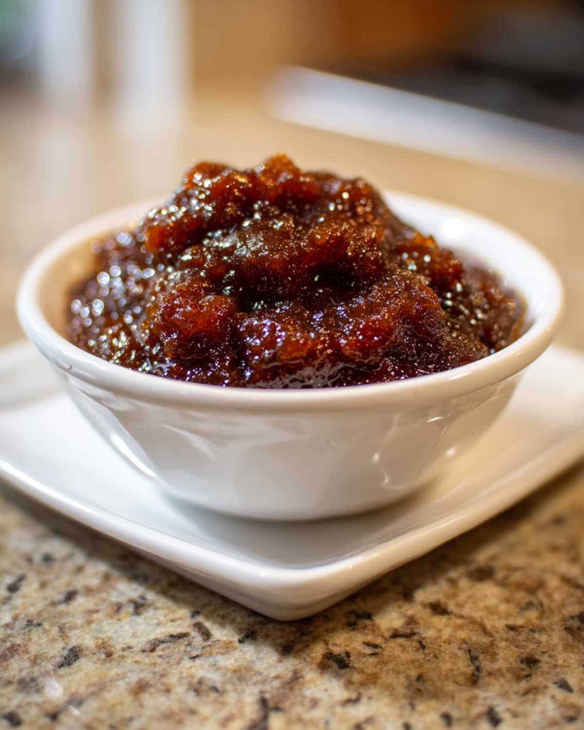 A close-up of thick, dark, glossy homemade apple butter served in a small white bowl on a granite countertop.