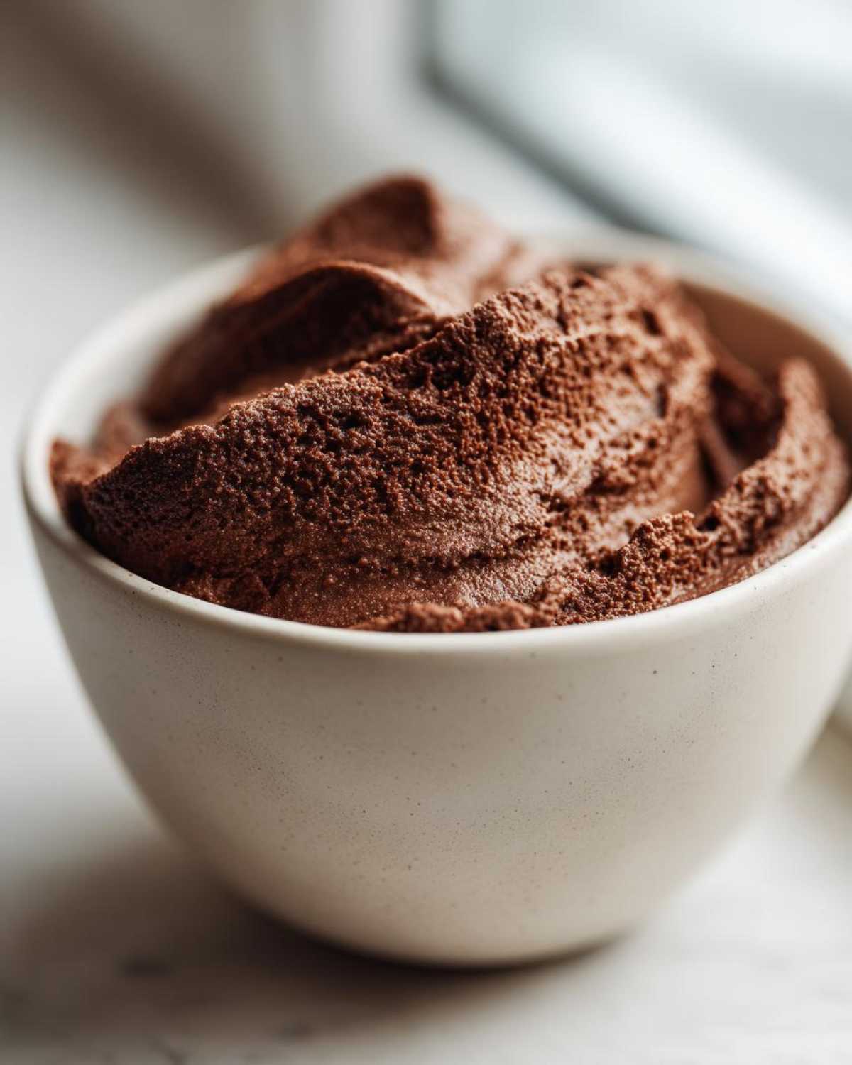 Close-up of rich, airy chocolate mousse served in a small, speckled white bowl.