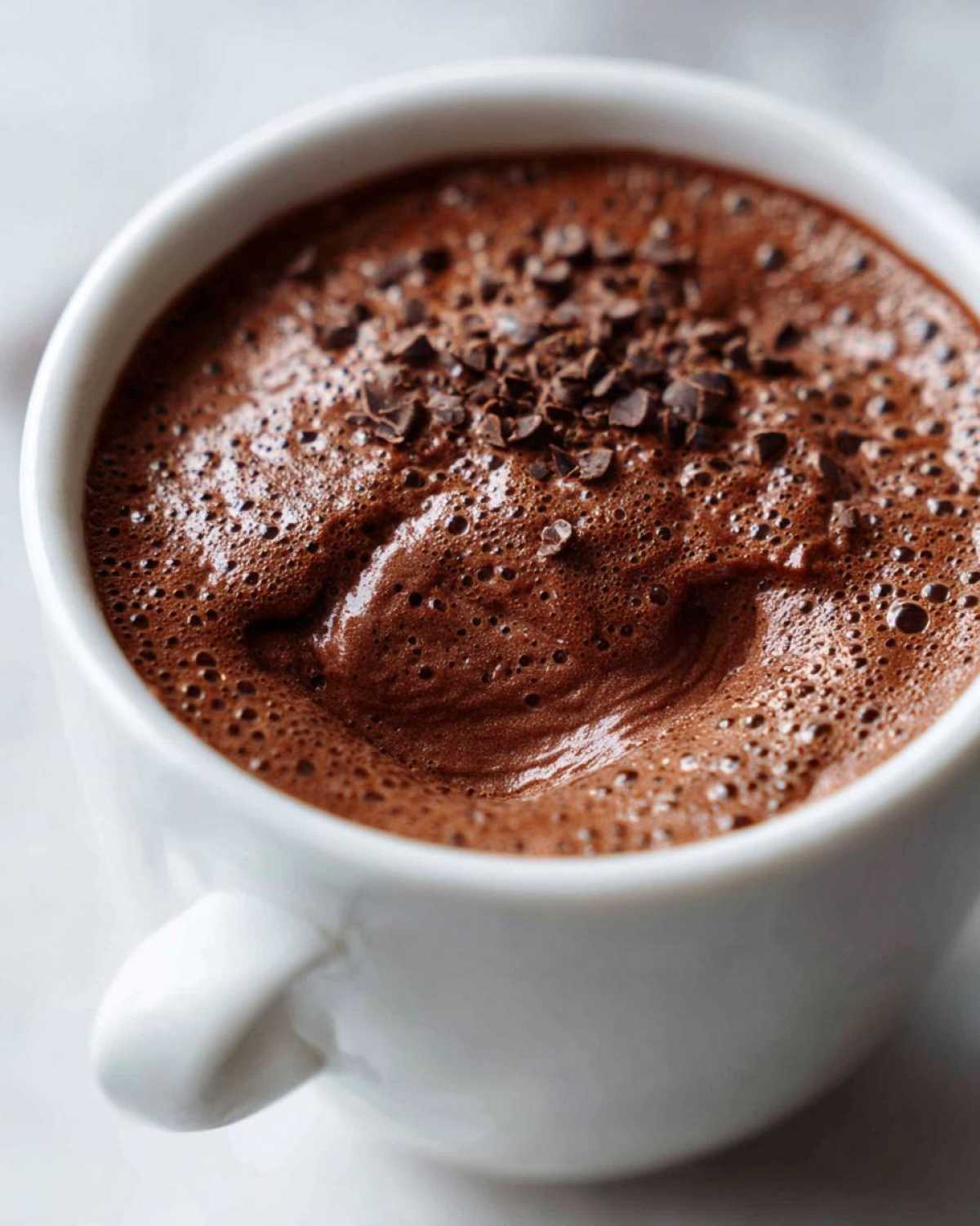 Close-up of rich, airy chocolate mousse topped with chocolate shavings in a white mug.