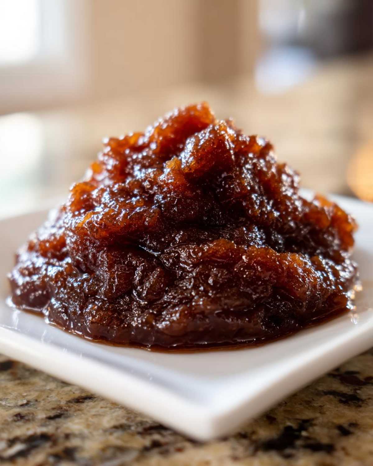 A close-up of a mound of thick, dark brown homemade apple butter served on a small white square plate.