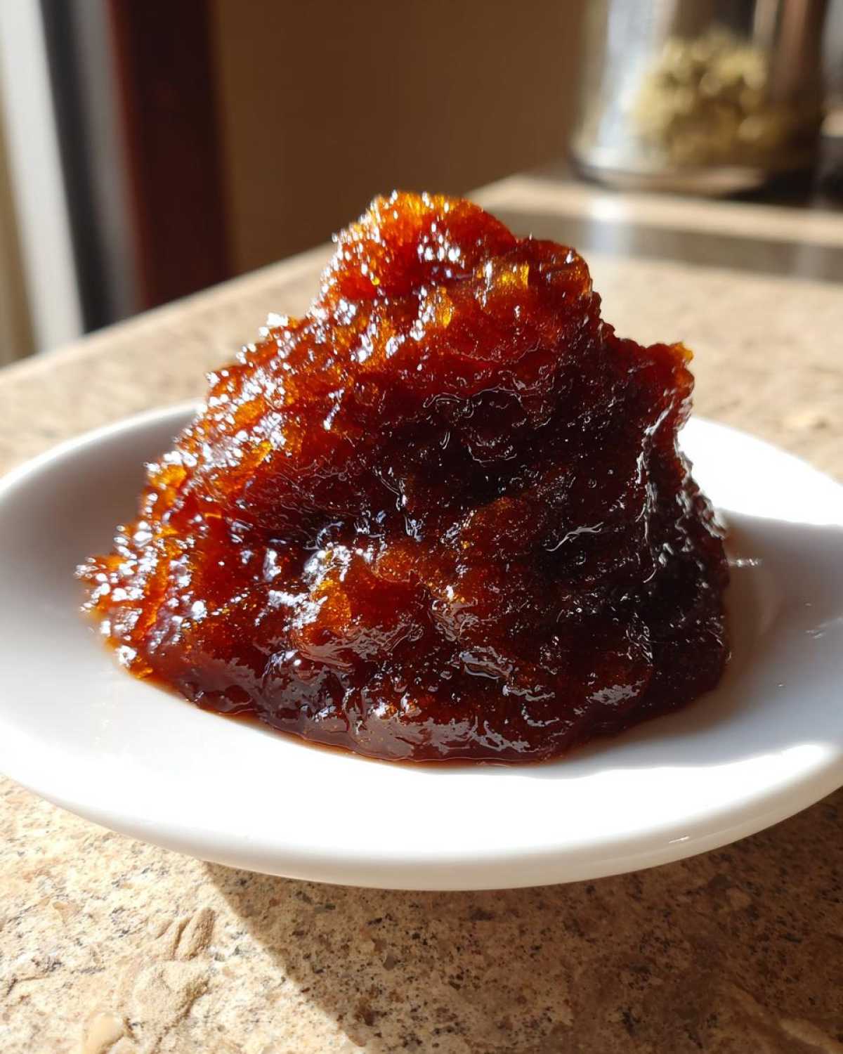 A mound of thick, dark, glistening homemade apple butter served on a small white dish.
