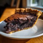 Close-up of a rich, gooey slice of hot fudge pie with a flaky crust, sitting on a white plate.