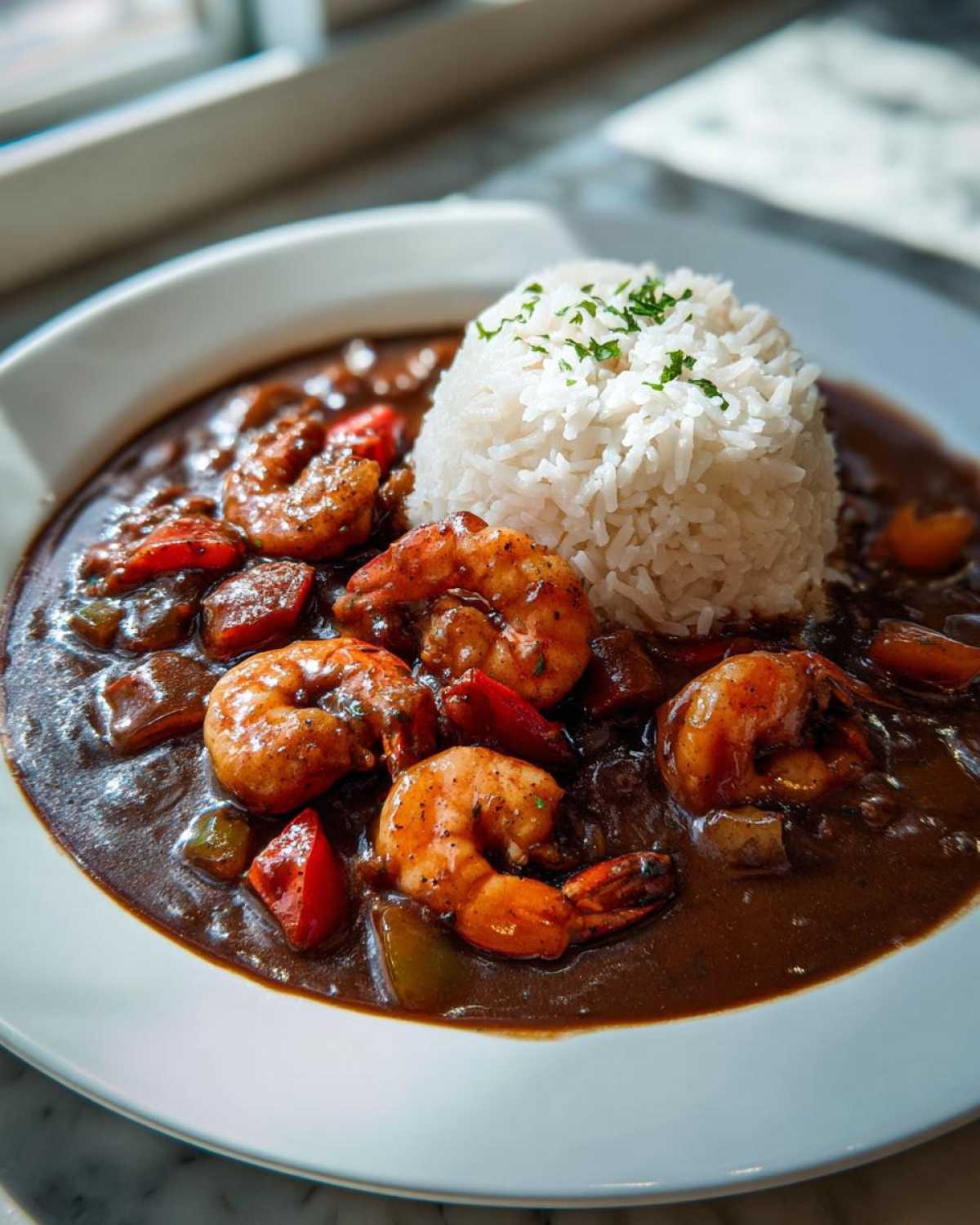 A close-up of rich, dark shrimp etouffee featuring large seasoned shrimp and vegetables served alongside a mound of white rice.