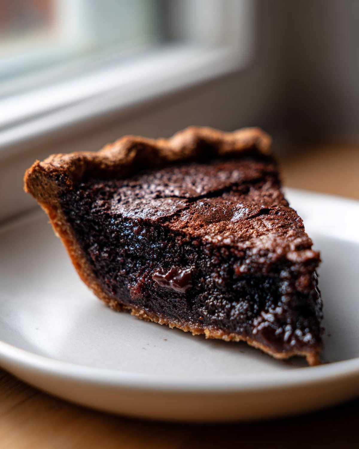A close-up of a thick, dark slice of hot fudge pie resting on a white plate near a window.