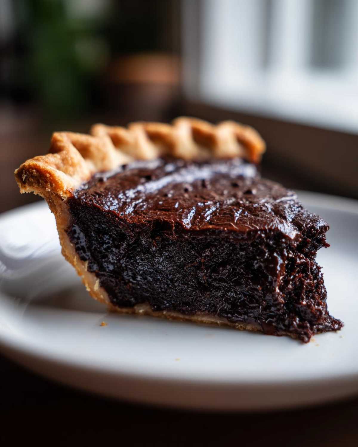 A close-up of a decadent slice of hot fudge pie with a thick, dark chocolate filling and crimped crust.