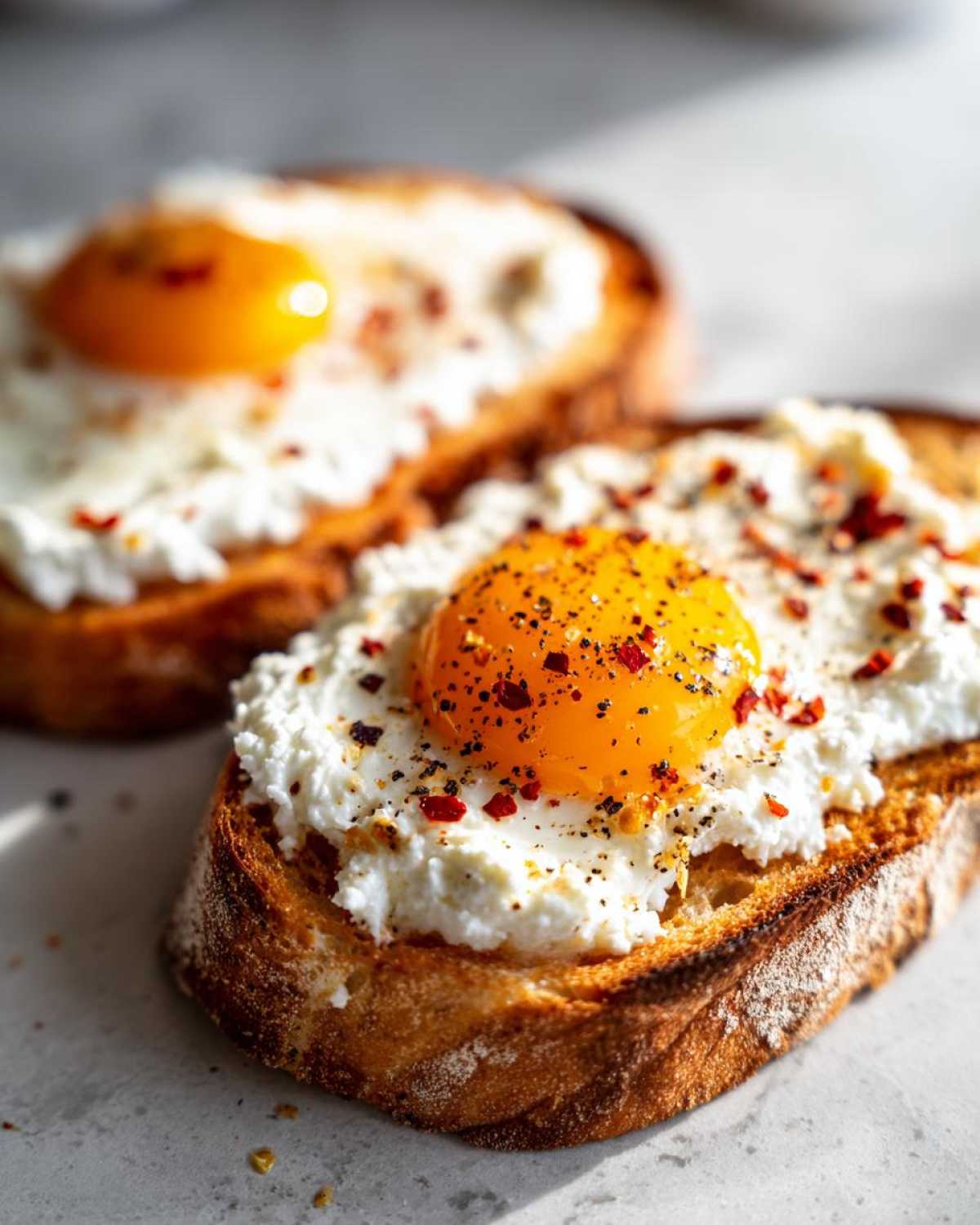 Close-up of two slices of egg toast topped with ricotta cheese, a sunny-side-up egg yolk, and chili flakes.