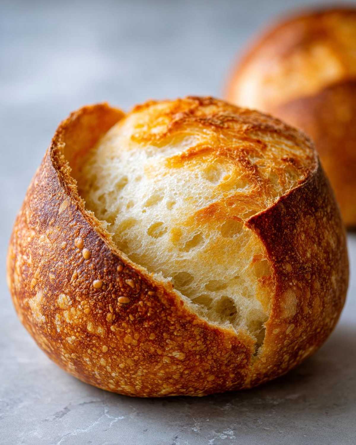Close-up of a freshly baked, round bread bowl with a golden, blistered crust and the top sliced open to reveal the soft interior.