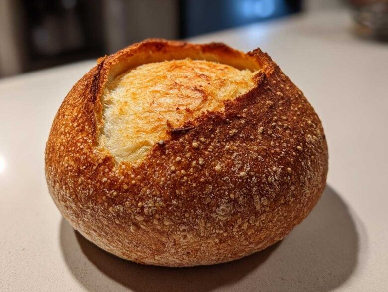 A single, round, crusty loaf ready to be turned into one of our amazing bread bowls, featuring a golden-brown exterior.