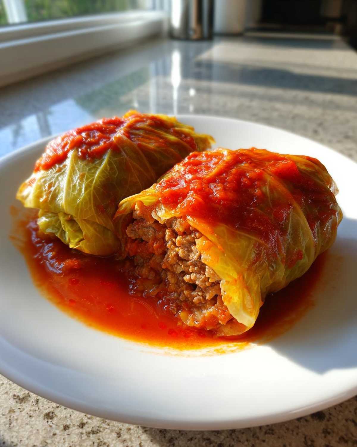 Close-up of two savory cabbage rolls stuffed with ground meat and covered in bright red tomato sauce.