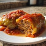 Close-up of two savory cabbage rolls served on a white plate, topped with rich tomato sauce, showing the meat filling.