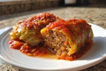 Close-up of two savory cabbage rolls served on a white plate, topped with rich tomato sauce, showing the meat filling.