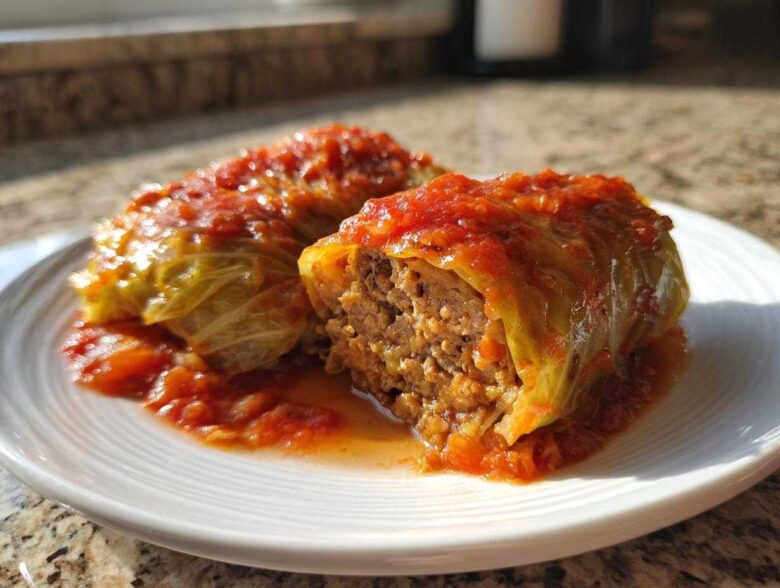 Close-up of two savory cabbage rolls served on a white plate, topped with rich tomato sauce, showing the meat filling.