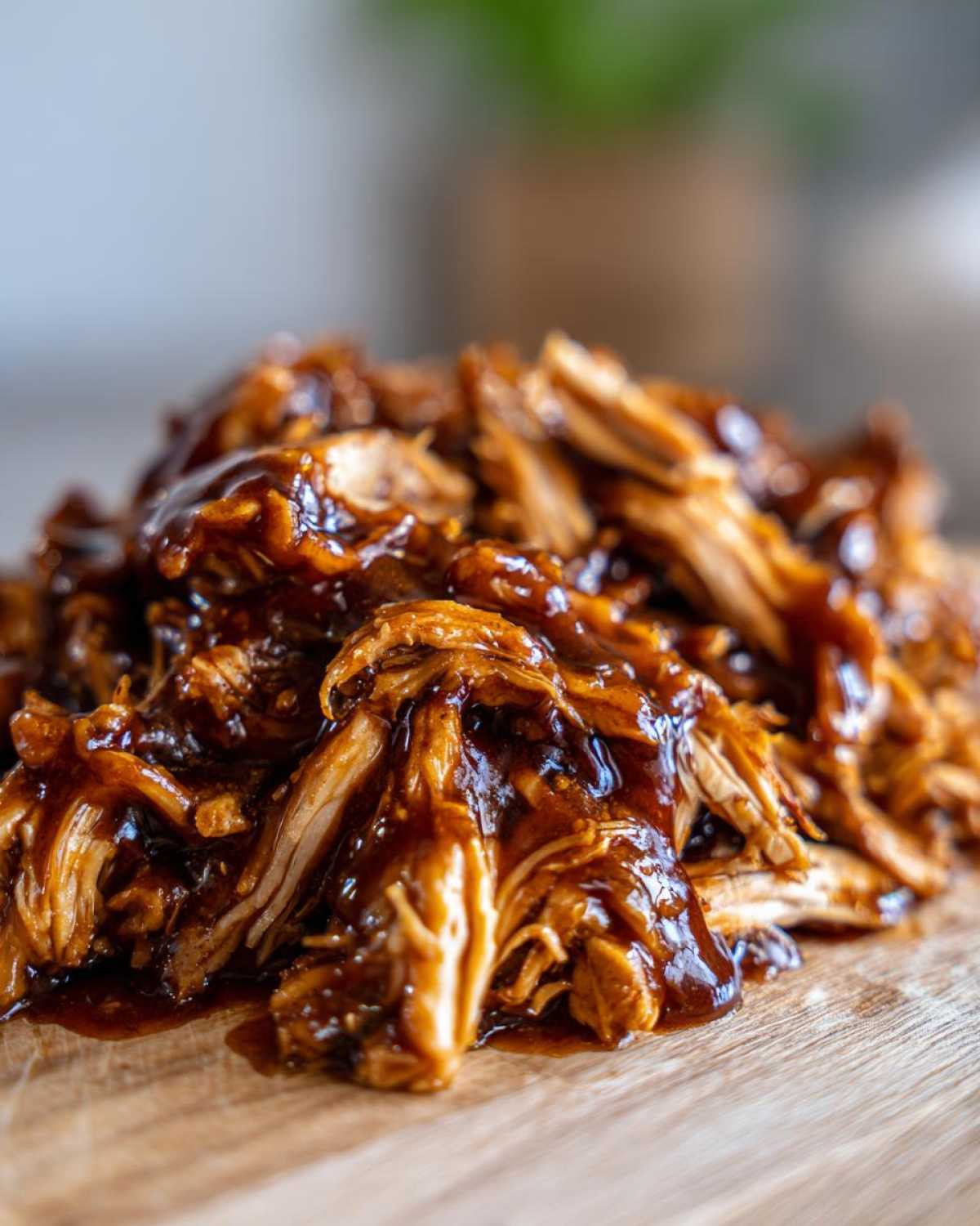 Close-up of shredded crockpot teriyaki chicken piled high and glistening with rich teriyaki sauce.