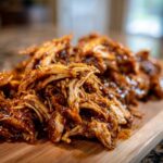 Close-up of shredded crockpot teriyaki chicken coated in glossy sauce resting on a wooden cutting board.