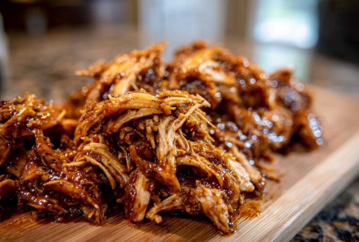 Close-up of shredded crockpot teriyaki chicken coated in glossy sauce resting on a wooden cutting board.