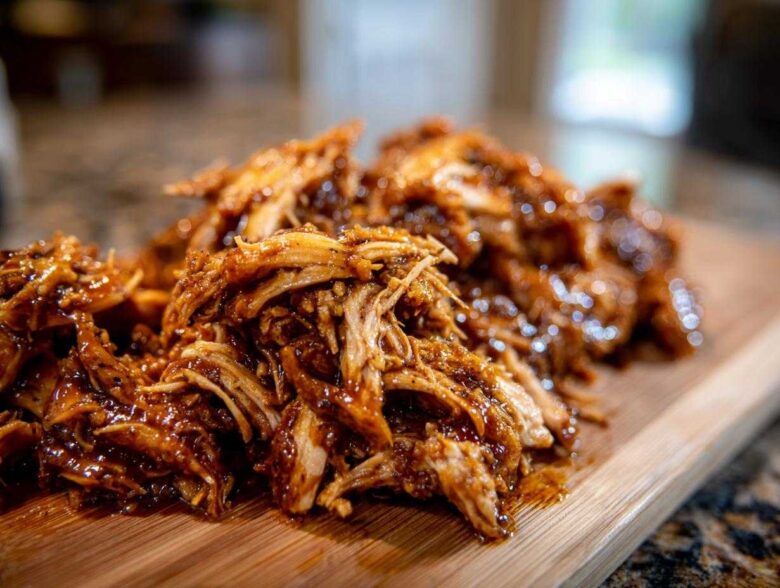 Close-up of shredded crockpot teriyaki chicken coated in glossy sauce resting on a wooden cutting board.