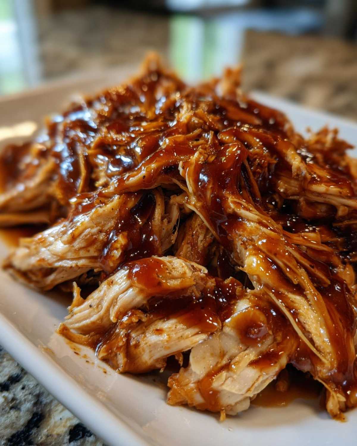 Close-up of shredded crockpot teriyaki chicken generously coated in a thick, glossy teriyaki sauce on a white plate.