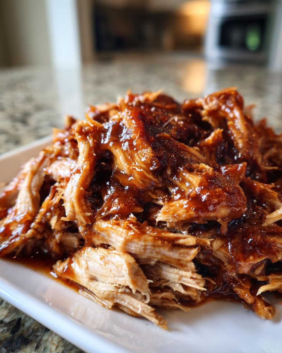 Close-up of tender, shredded crockpot teriyaki chicken coated in a thick, glossy teriyaki sauce.