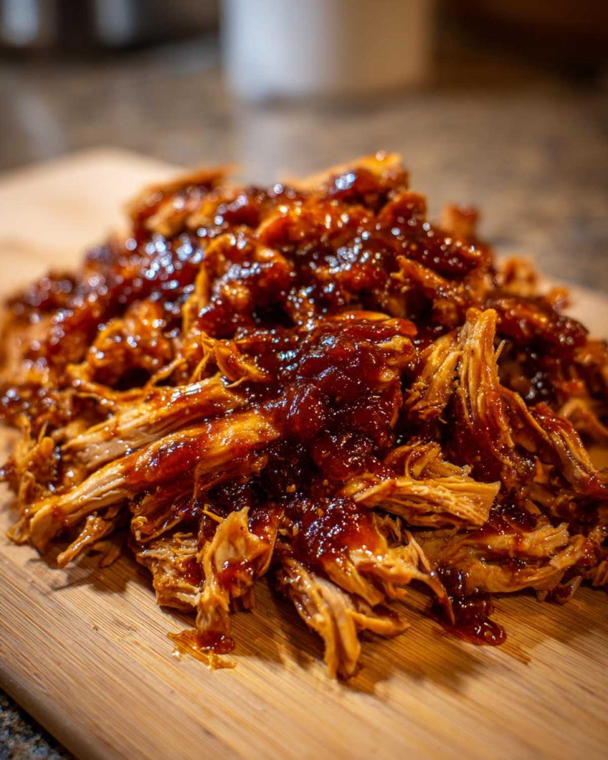 Close-up of shredded crockpot teriyaki chicken generously coated in a glossy teriyaki sauce on a wooden board.