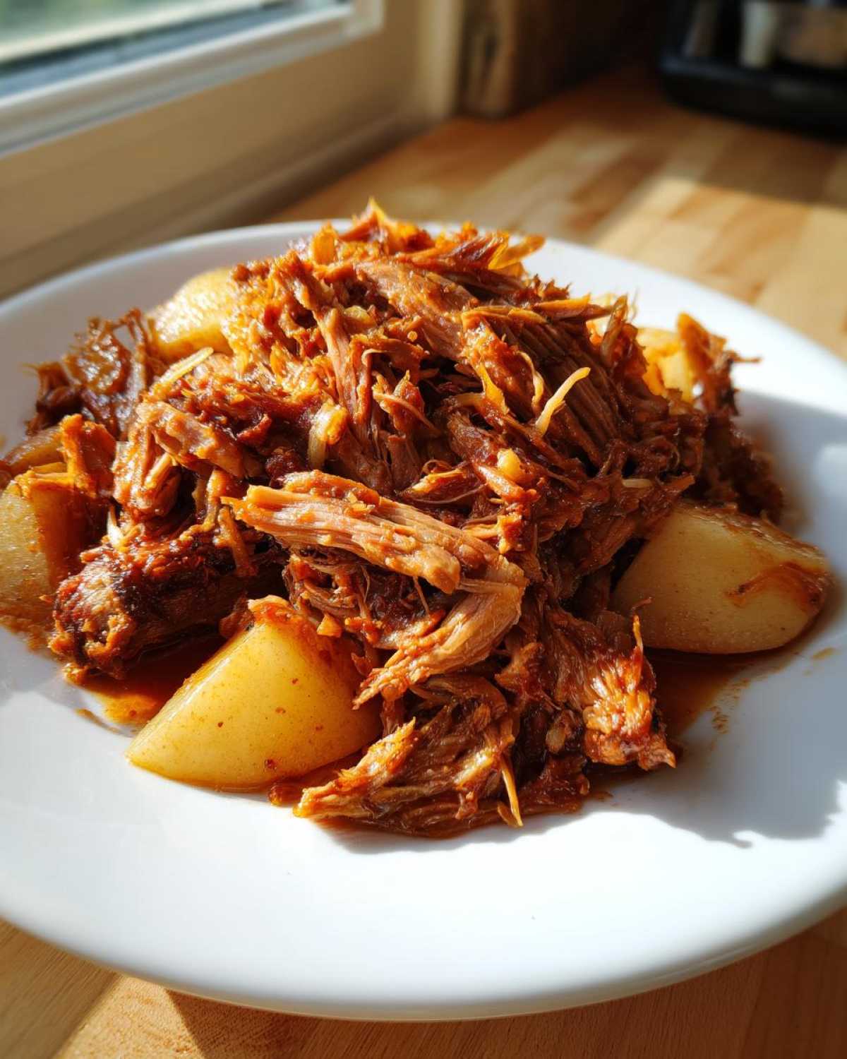 Close-up of tender, shredded pork and sauerkraut served with large wedges of potato on a white plate.