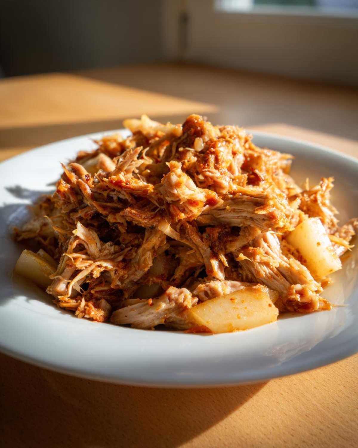 A close-up of tender, shredded pork and sauerkraut mixture served on a white plate, highlighted by natural sunlight.