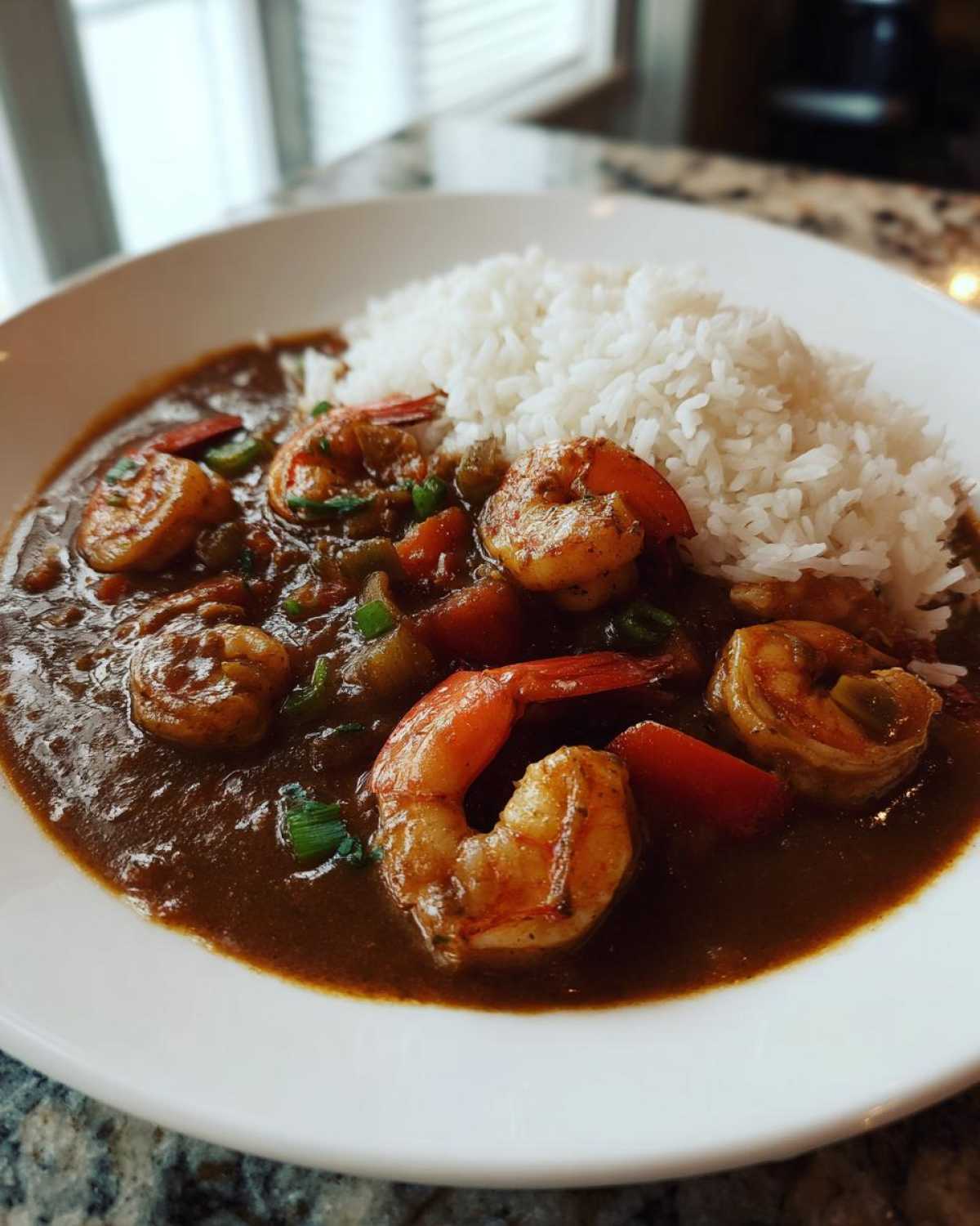 A close-up of a bowl of rich, dark shrimp etouffee served alongside fluffy white rice.