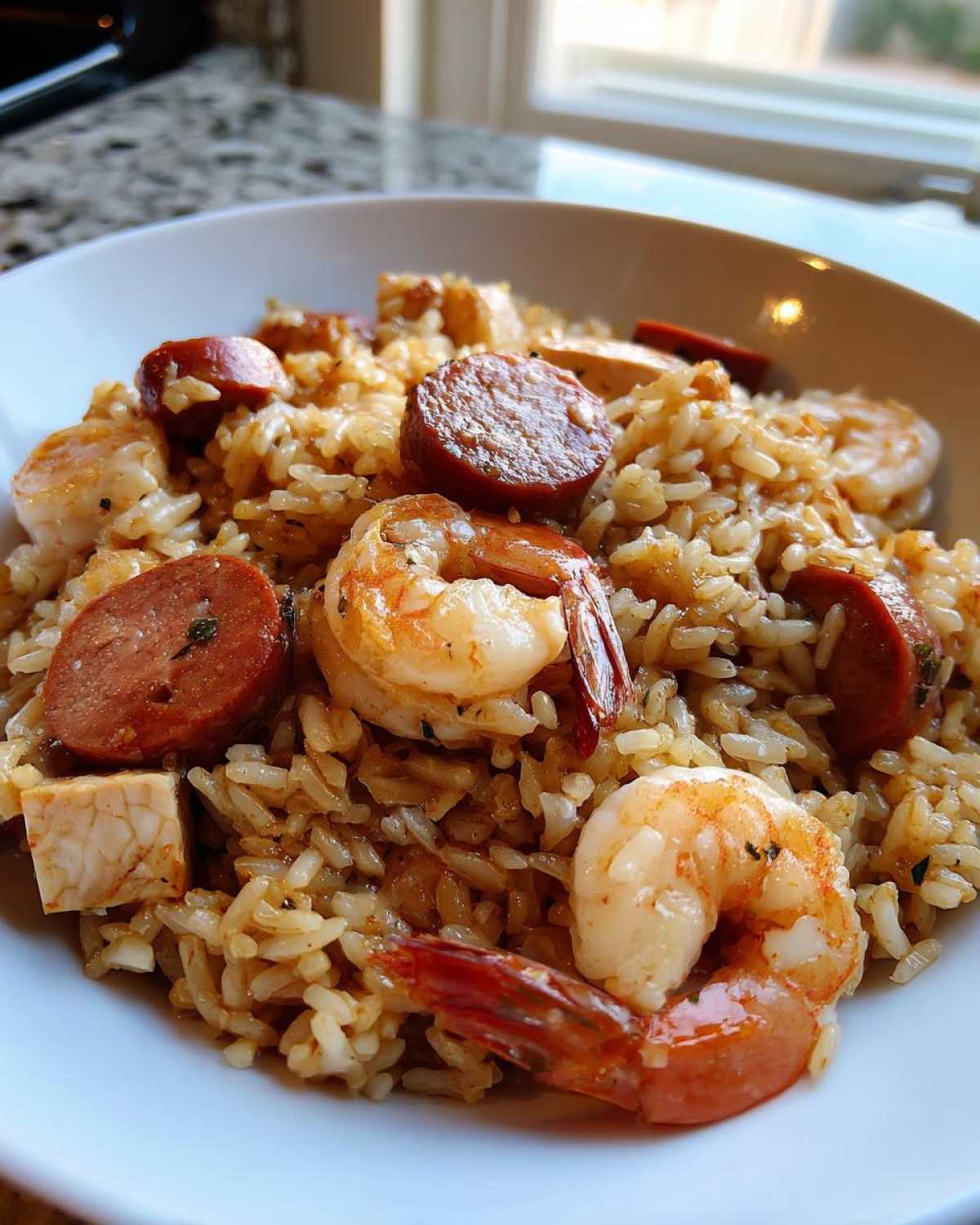 A close-up serving of flavorful shrimp and sausage jambalaya in a white bowl.